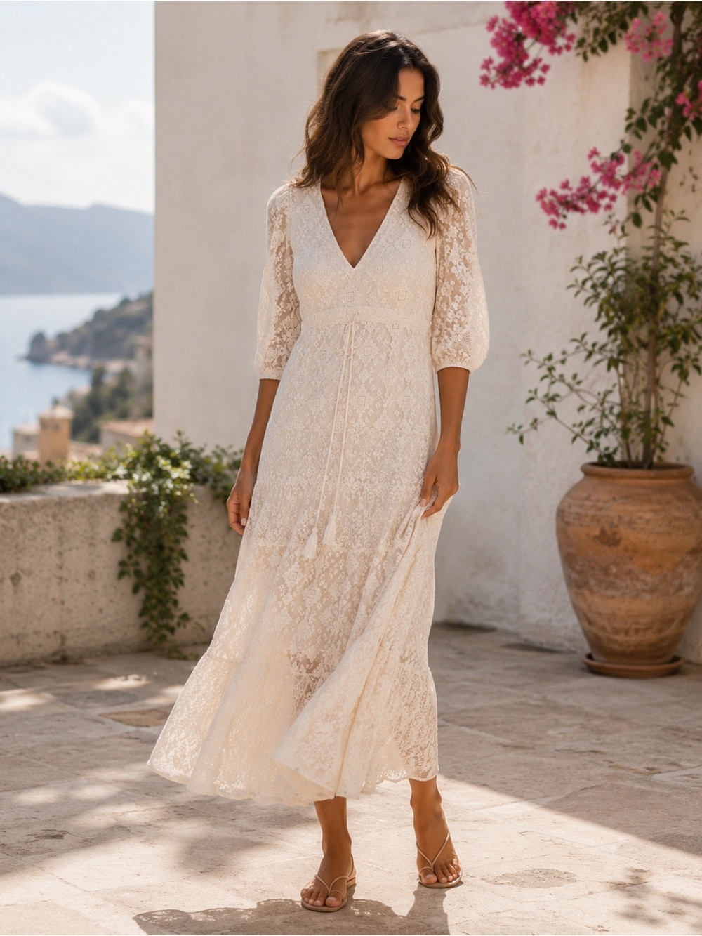Desigual Ivory Embroidered Lace Midi Dress Boho Festival Cottagecore Small